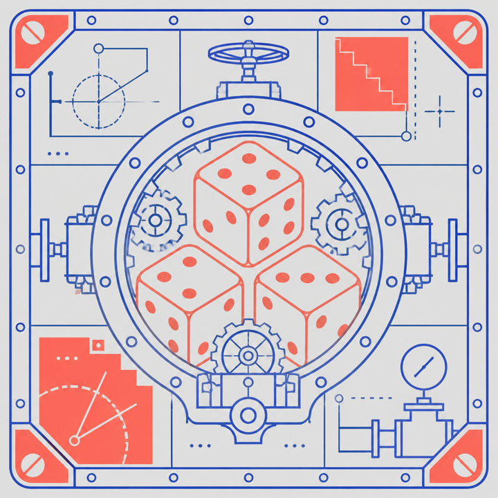 Three mechanical dice surrounded by gears and valves