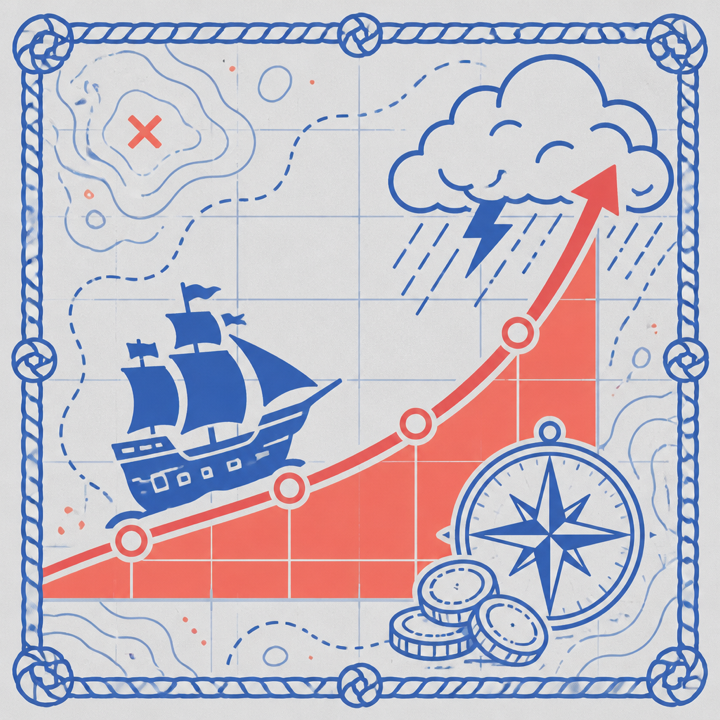 Pirate ship climbing a multiplier chart toward a storm